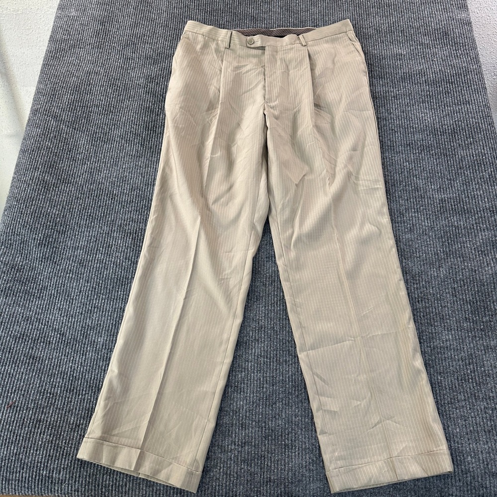 Roma Mens Pleated Pinstripe Dress Pants 42L Tan Cuffed Rayon Blend